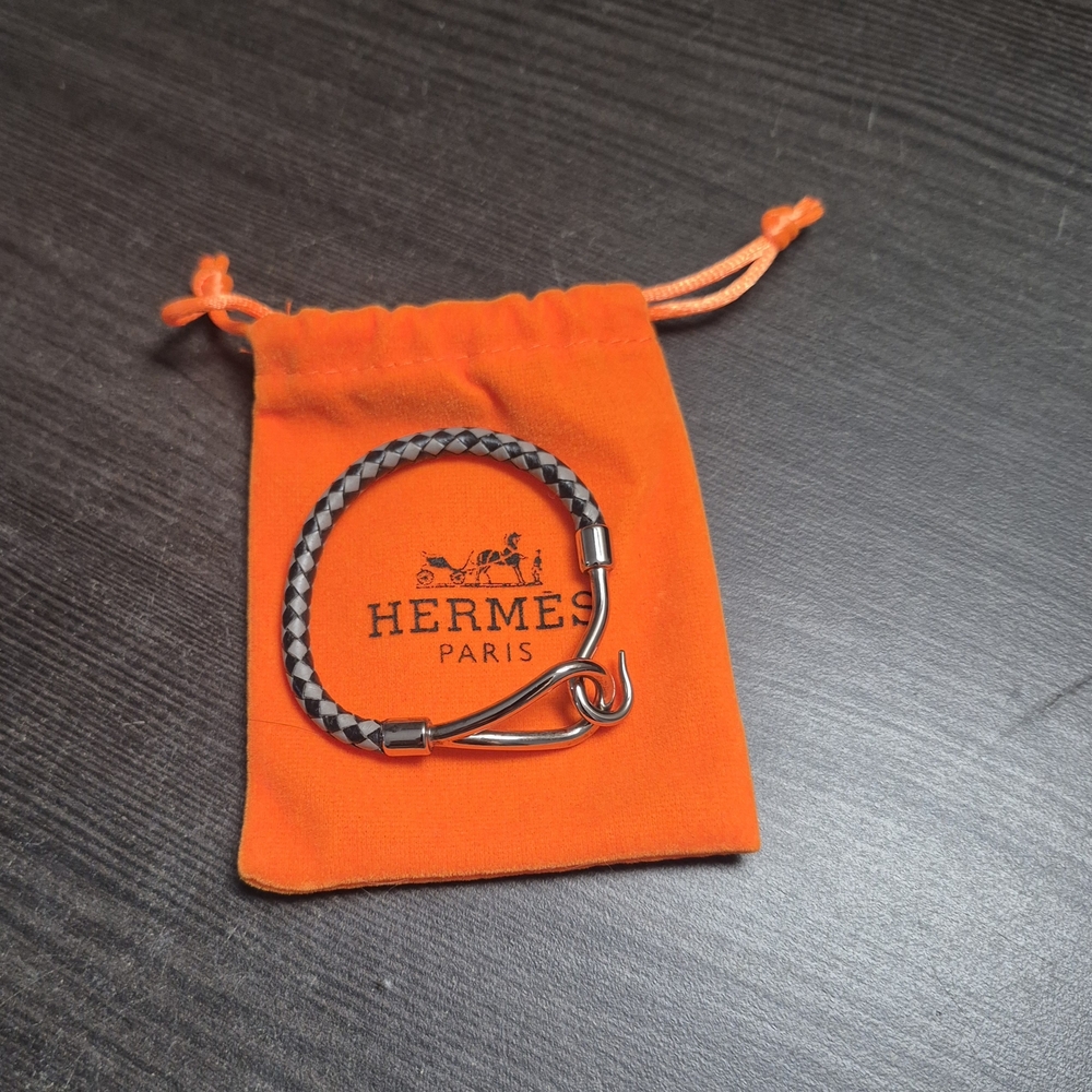 Hermes Black and Grey Jumbo Hook Braided Leather Bracelet